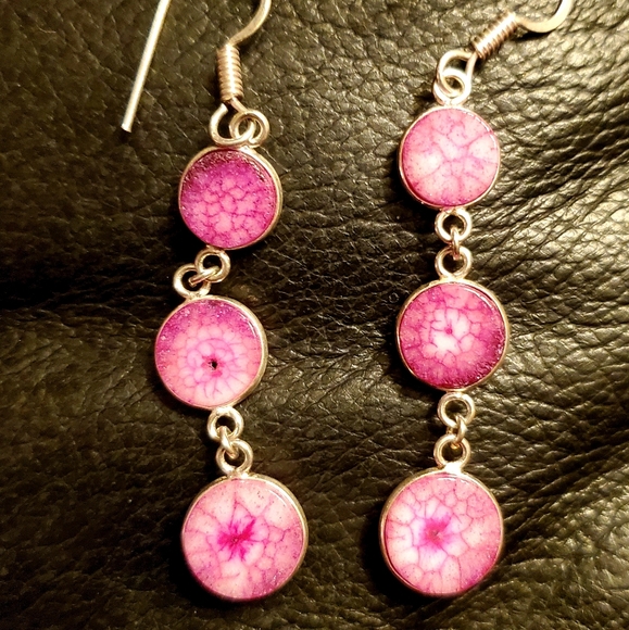 New 3 Pink Solar Quartz Agate Drop Silver Earrings. - Picture 10 of 11